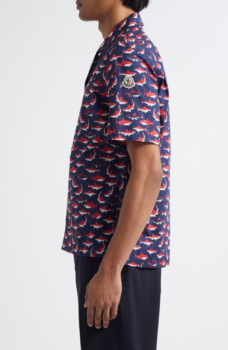 Moncler Logo Shark Cotton Camp Shirt, Alternate, color, Blue