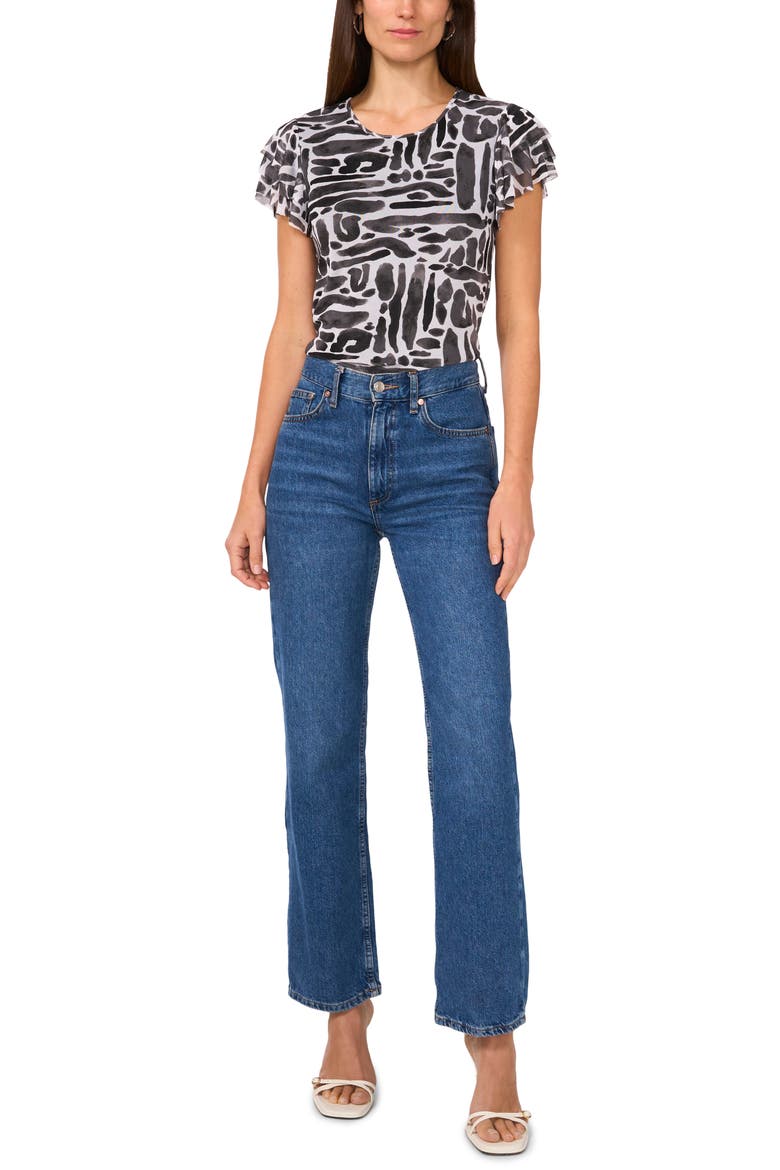 Geo Print Flutter Sleeve Mesh Top, Alternate, color, LUCENT WHITE