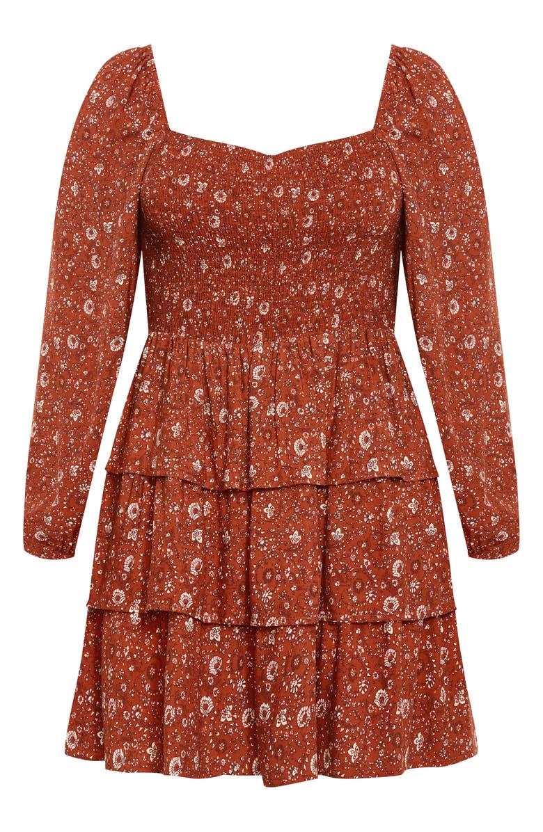 City Chic Floral Print Long Sleeve Tiered Minidress, Alternate, color, Spice Ditsy