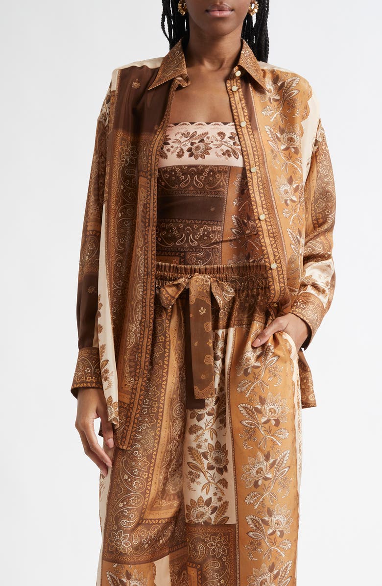 Zimmermann Lucky Oversize Silk Button-Up Shirt, Main, color, Chocolate Bandana