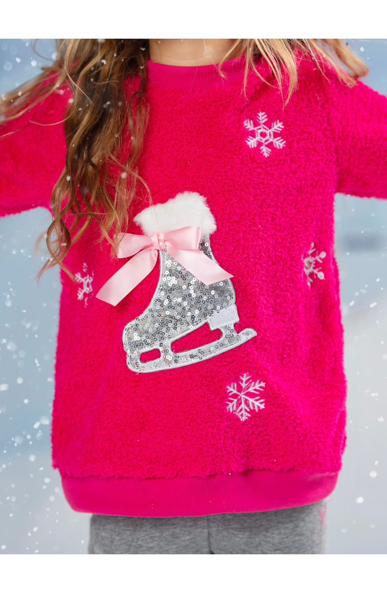 Mia Belle Girls Twinkle Sequin Ice Skate Fuzzy Sweater, Alternate, color, Pink