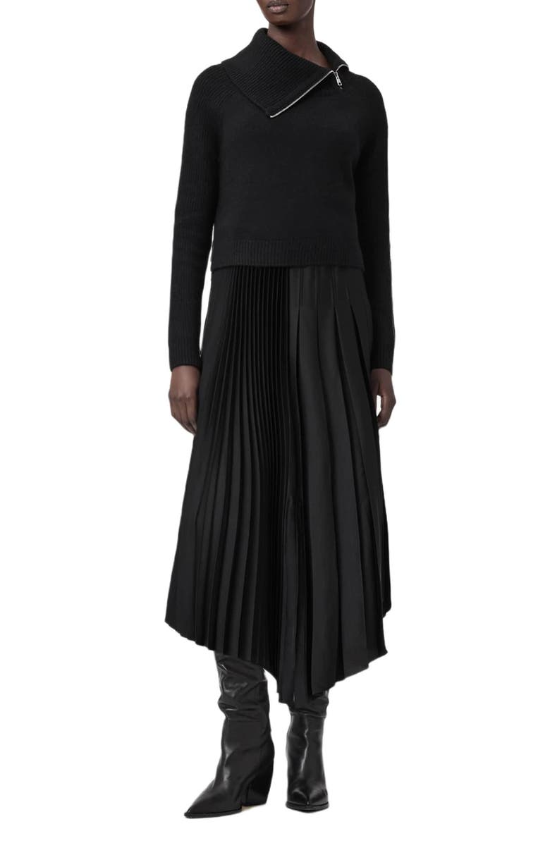 AllSaints Jax Sweater & Pleated Satin Dress Set, Main, color, Black