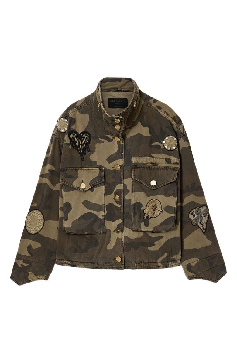 AllSaints Patch Detail Camo Print Cotton Jacket, Alternate, color, Camo Green