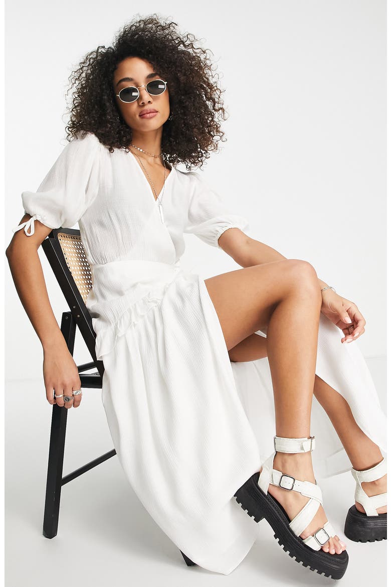 Crinkle Texture Wrap Front Dress, Alternate, color, IVORY