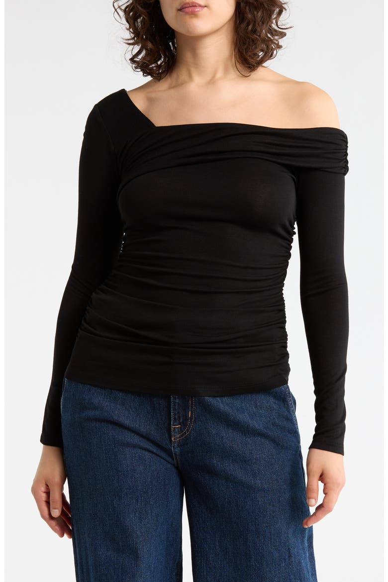 One Shoulder Long Sleeve Ruched Top, Main, color, BLACK