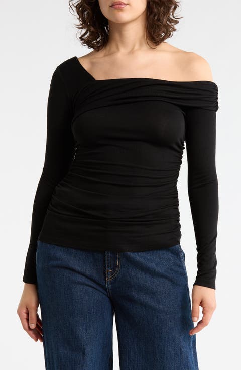 One Shoulder Long Sleeve Ruched Top