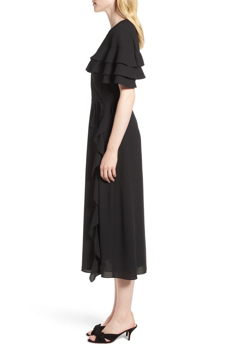 Tiered Ruffle Wrap Midi Dress, Alternate, color, RICH BLACK