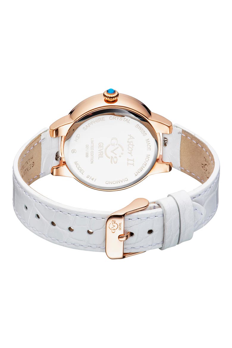Astor II Swiss Diamond Leather Strap Watch, 36mm - 0.0193 ctw, Alternate, color, WHITE
