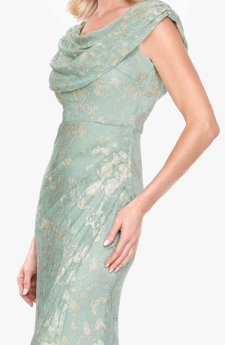 Betsy & Adam Metallic Jacquard Drape Neck Gown, Alternate, color, Sage/ Gold
