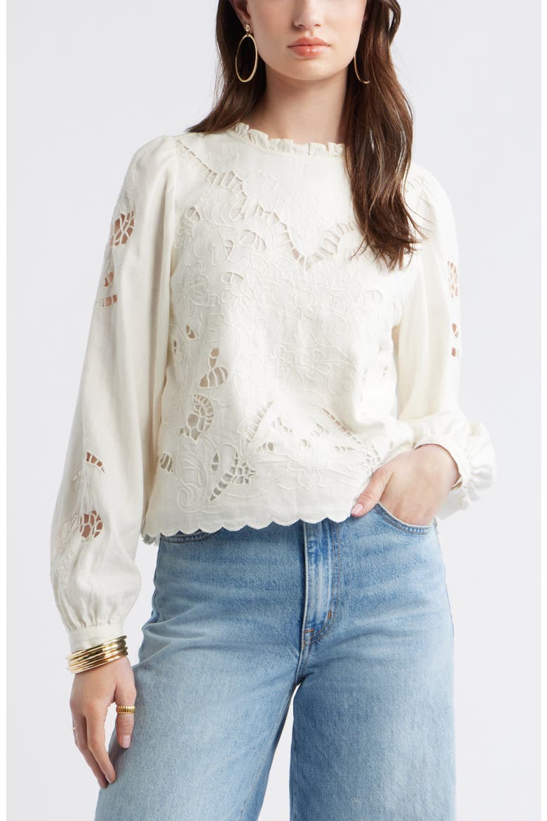 Open Floral Cutwork Linen Blend Top, Main, color, IVORY EGRET
