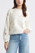 Treasure & Bond Open Floral Cutwork Linen Blend Top