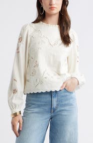 Treasure & Bond Open Floral Cutwork Linen Blend Top