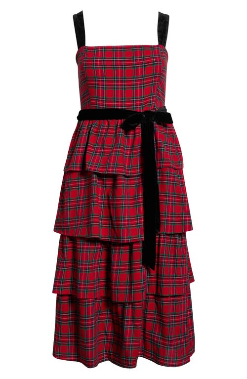 Sugarlips Arvada Plaid Mari Smocked Tiered Maxi Dress In Red