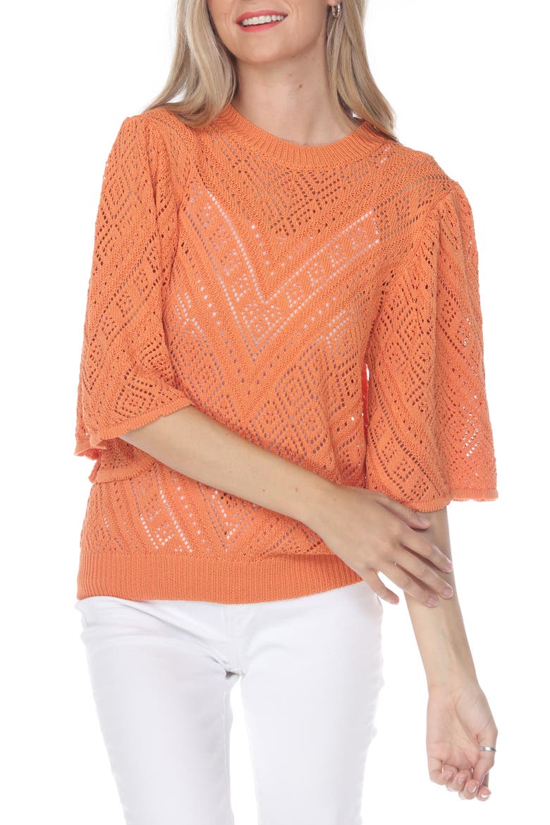 Three-Quarter Sleeve Open Stitch Top, Main, color, ORANGE