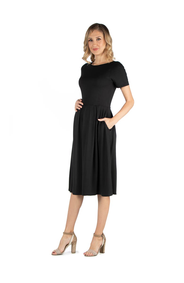 24seven Comfort Apparel Maternity Midi Dress with Short Sleeve and Pocket Detail, Alternate, color, Black