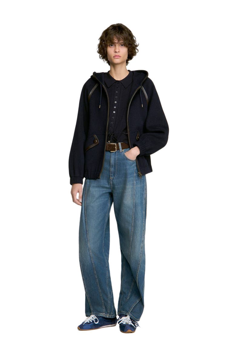Hooded wool and leather coat, Alternate, color, Navy blue