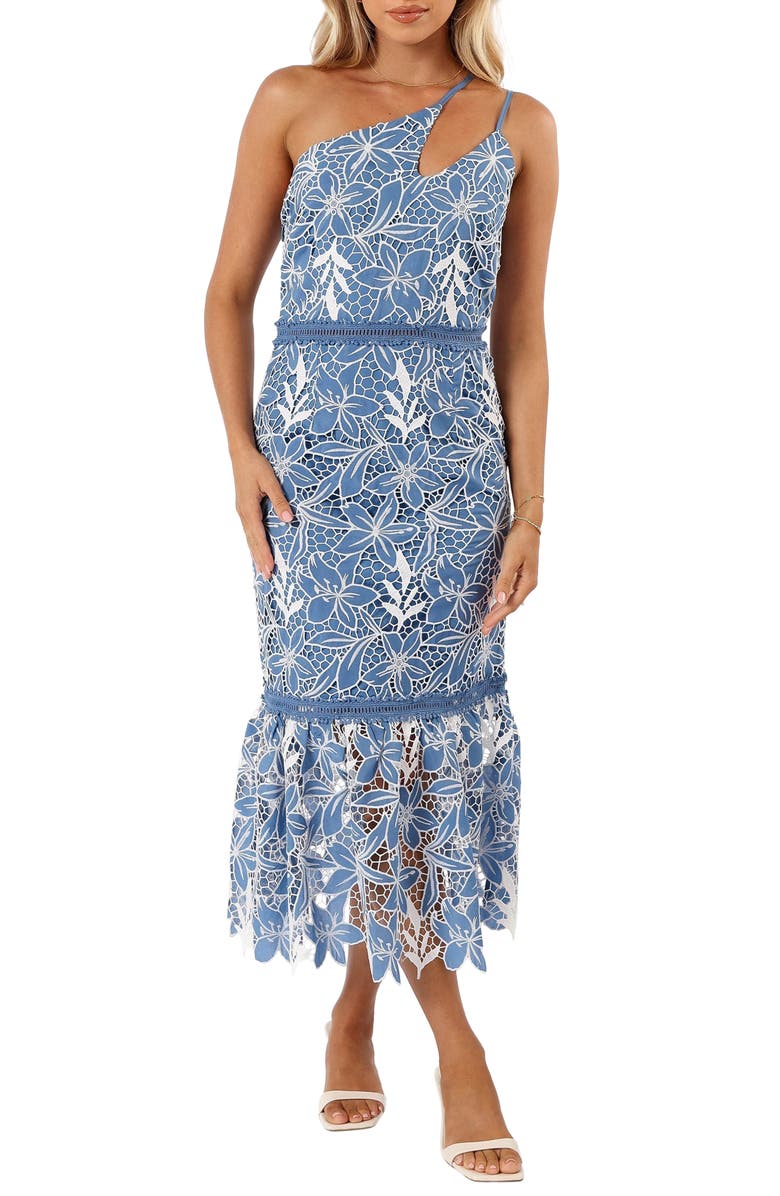 Petal & Pup Neomi Floral Embroidery One-Shoulder Midi Dress, Main, color, Blue