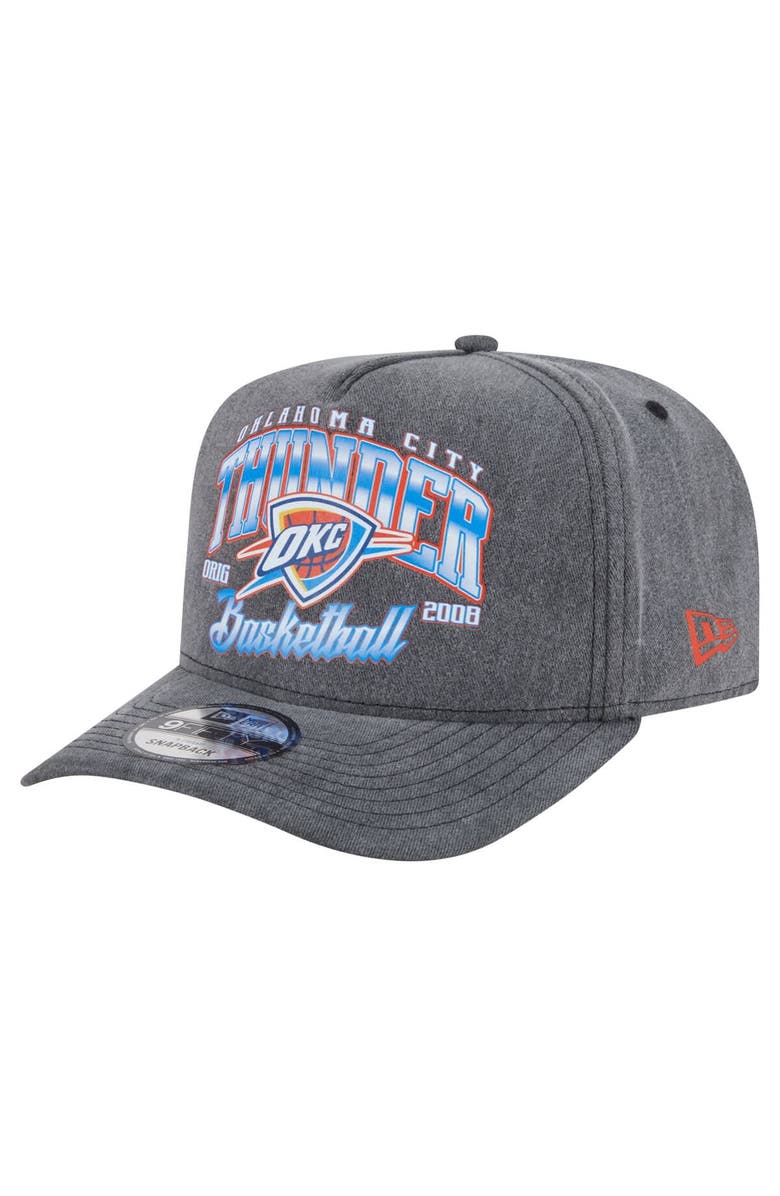 New Era Men's New Era Charcoal Oklahoma City Thunder Throwback Washed Pre-Curved 9FIFTY Snapback Hat, Main, color,