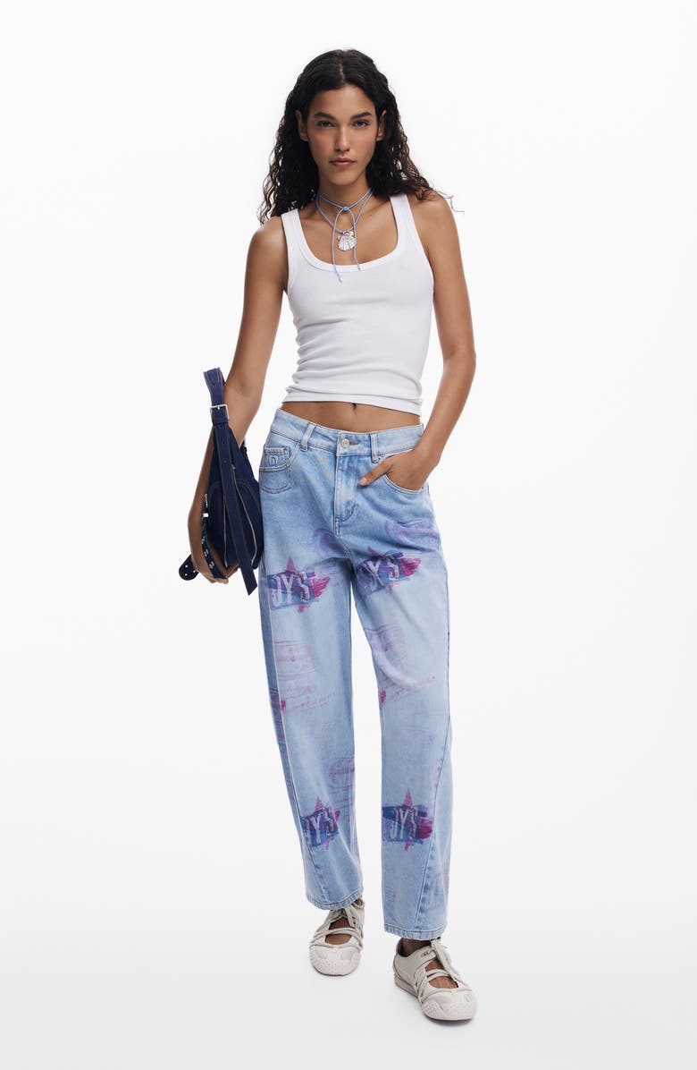 Desigual Print Boyfriend Barrel Leg Jeans, Alternate, color, Medium Blue