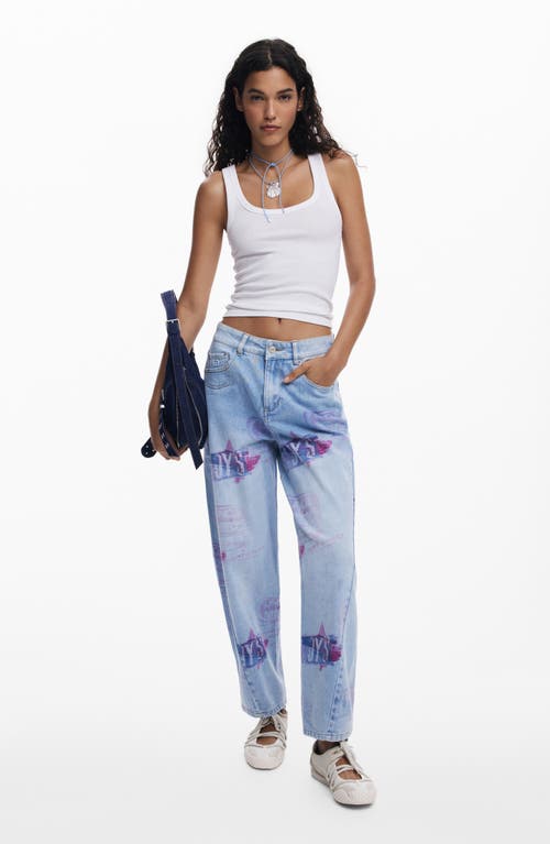 Desigual Print Boyfriend Barrel Leg Jeans In Blue