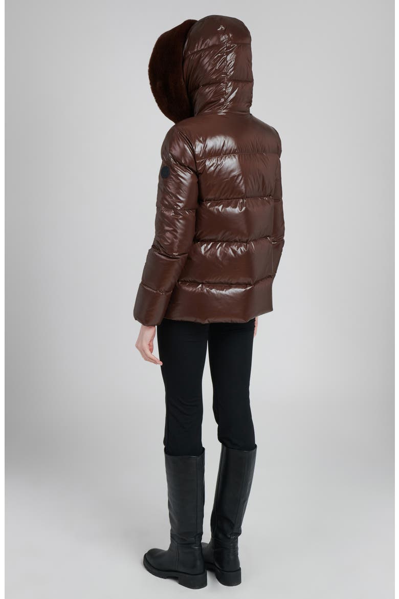 Water Resistant Nylon Down Puffer Coat with Faux Fur Trim, Alternate, color, DARK COFFEE