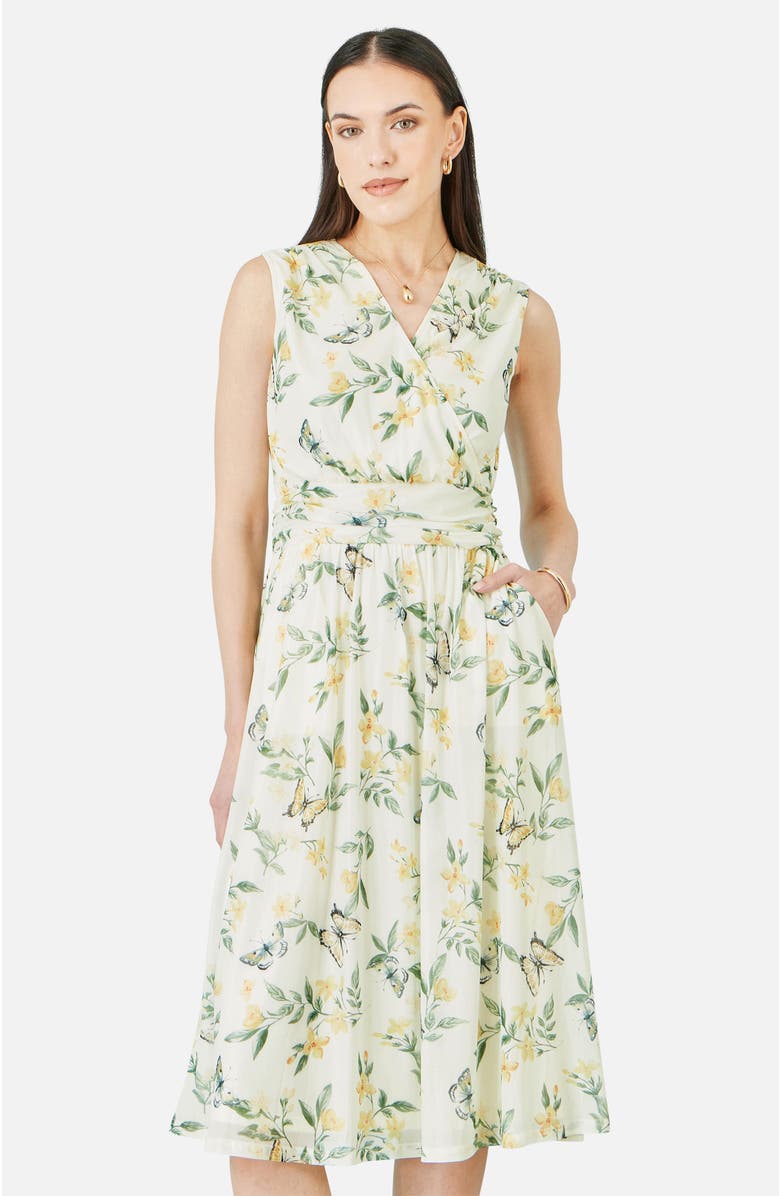 Yumi Floral Print Mesh Stretch Midi Dress, Alternate, color, Ivory