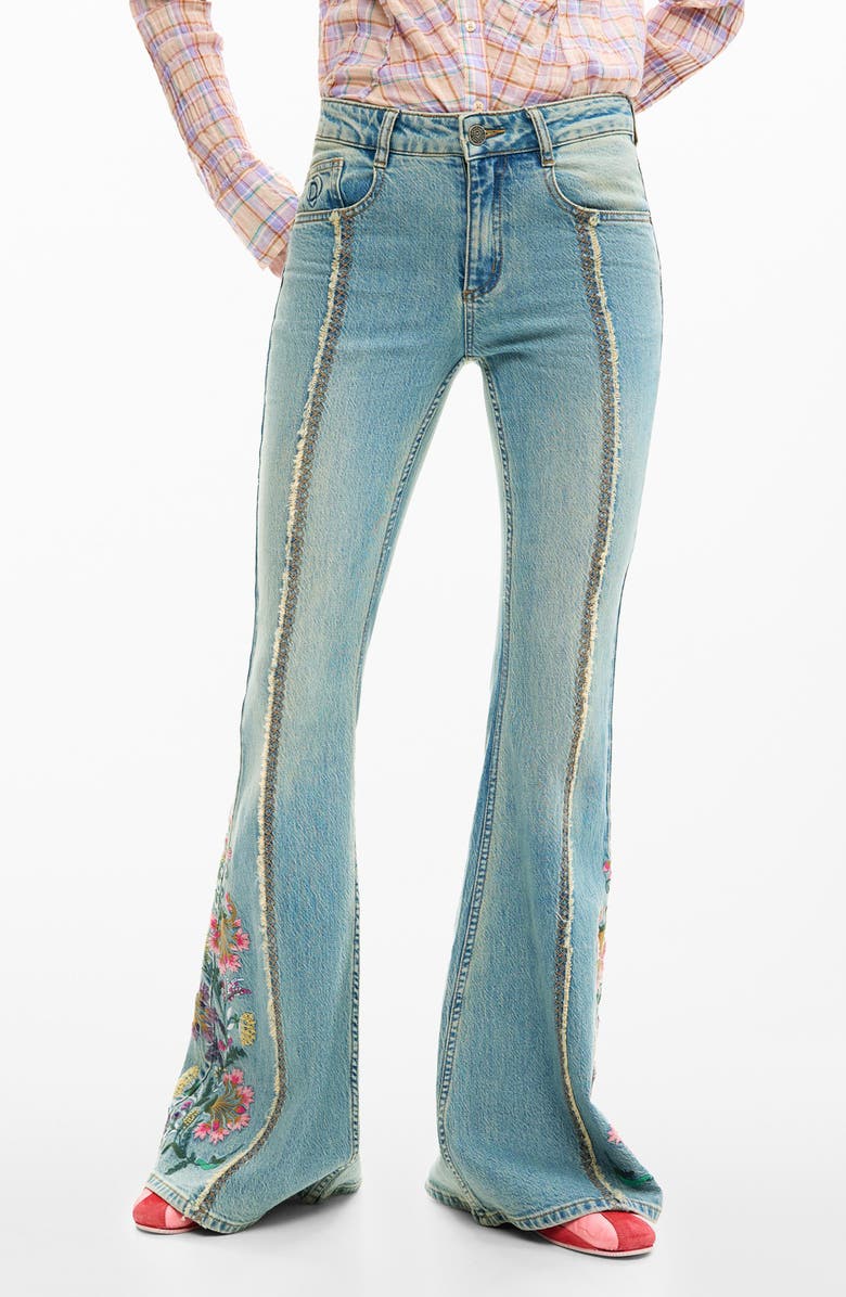 Desigual Embroidered Flare Jeans, Main, color, Medium Blue