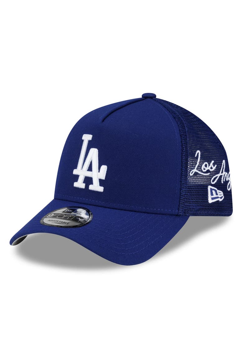 Men's New Era Royal Los Angeles Dodgers Side Script 9FORTY A-Frame Trucker Adjustable Hat, Main, color, Royal
