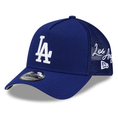Men's New Era Royal Los Angeles Dodgers Side Script 9FORTY A-Frame Trucker Adjustable Hat