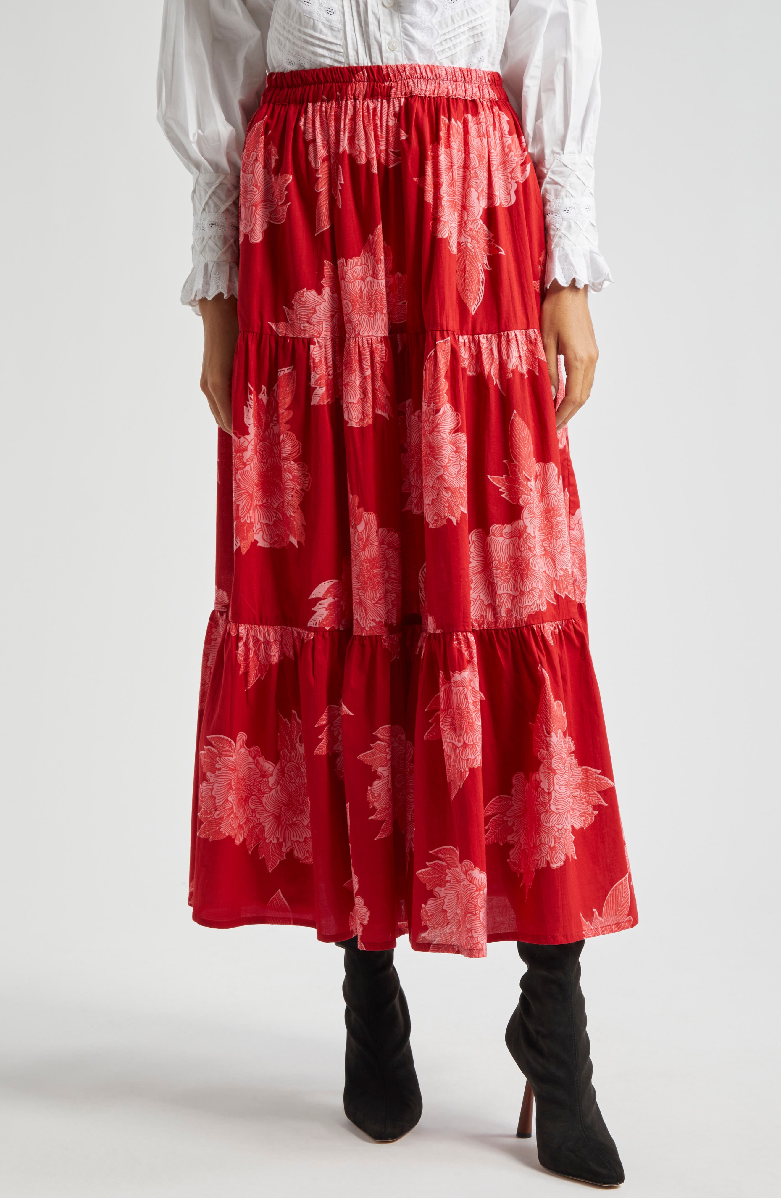 MILLE Paola Floral Print Tie Waist Maxi Skirt in Crimson Floral 