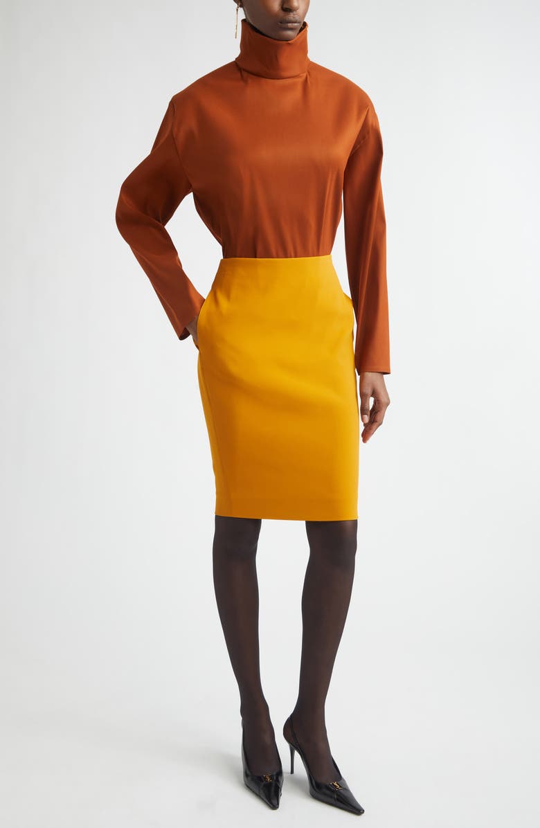 Saint Laurent Turtleneck Silk Blend Organza Top, Alternate, color, Caramel