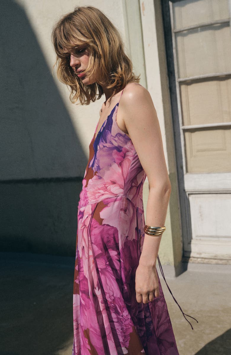 MANGO Floral Print Sleeveless Godet Maxi Dress, Alternate, color, Purple