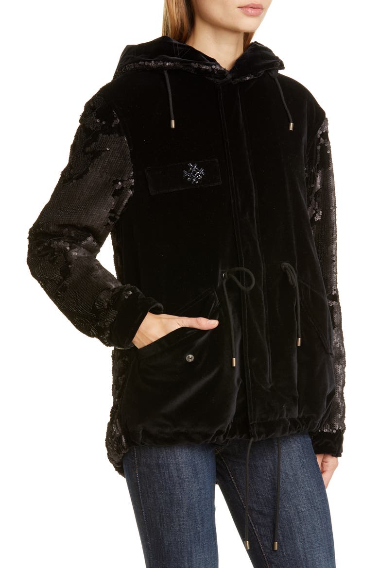 Sequin Embellished Velvet Coat with Removable Genuine Fox Fur Trim, Alternate, color, BLACK