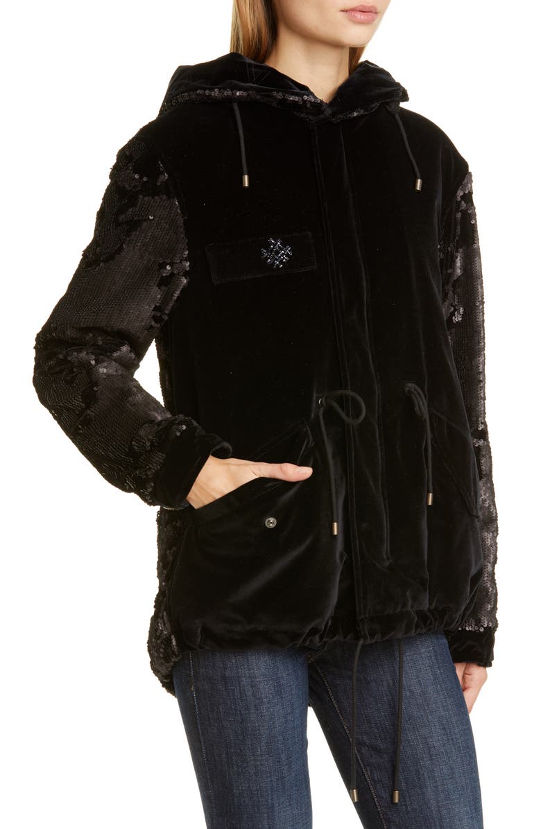 Mr & Mrs Italy Sequin Embellished Velvet Coat with Removable Genuine Fox Fur Trim, Alternate, color, Black