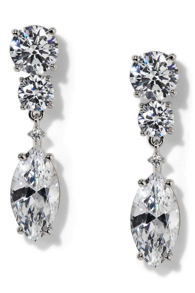 Everleigh Cubic Zirconia Double Drop Earrings, Main, color, RHODIUM