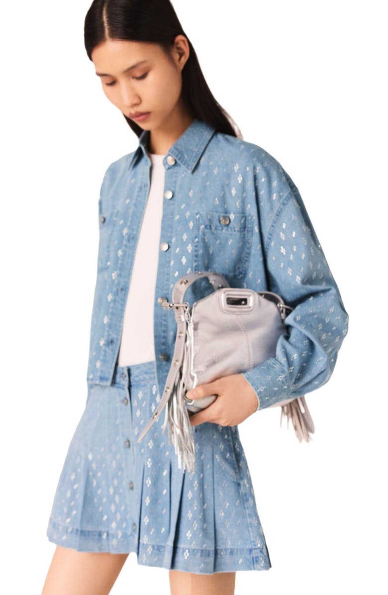 maje Short rhinestone denim shirt, Alternate, color, Denim Blue