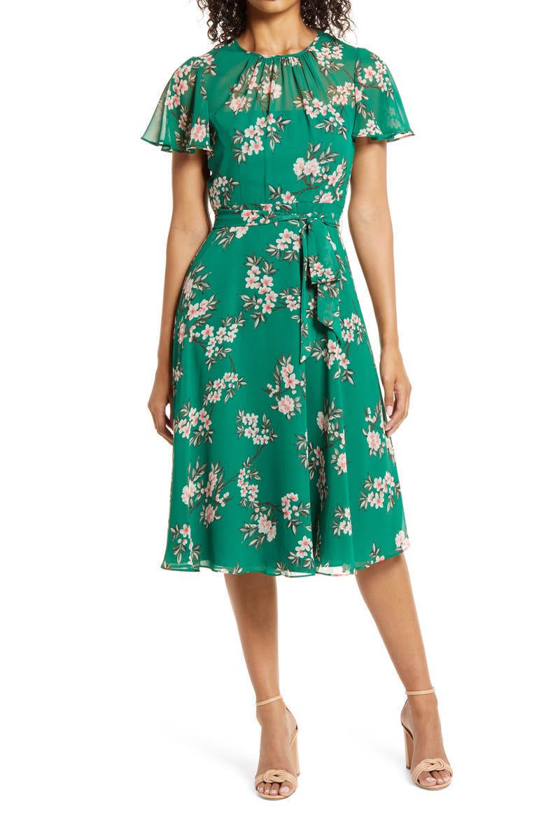 Floral Flutter Sleeve Chiffon Dress, Main, color, GREEN