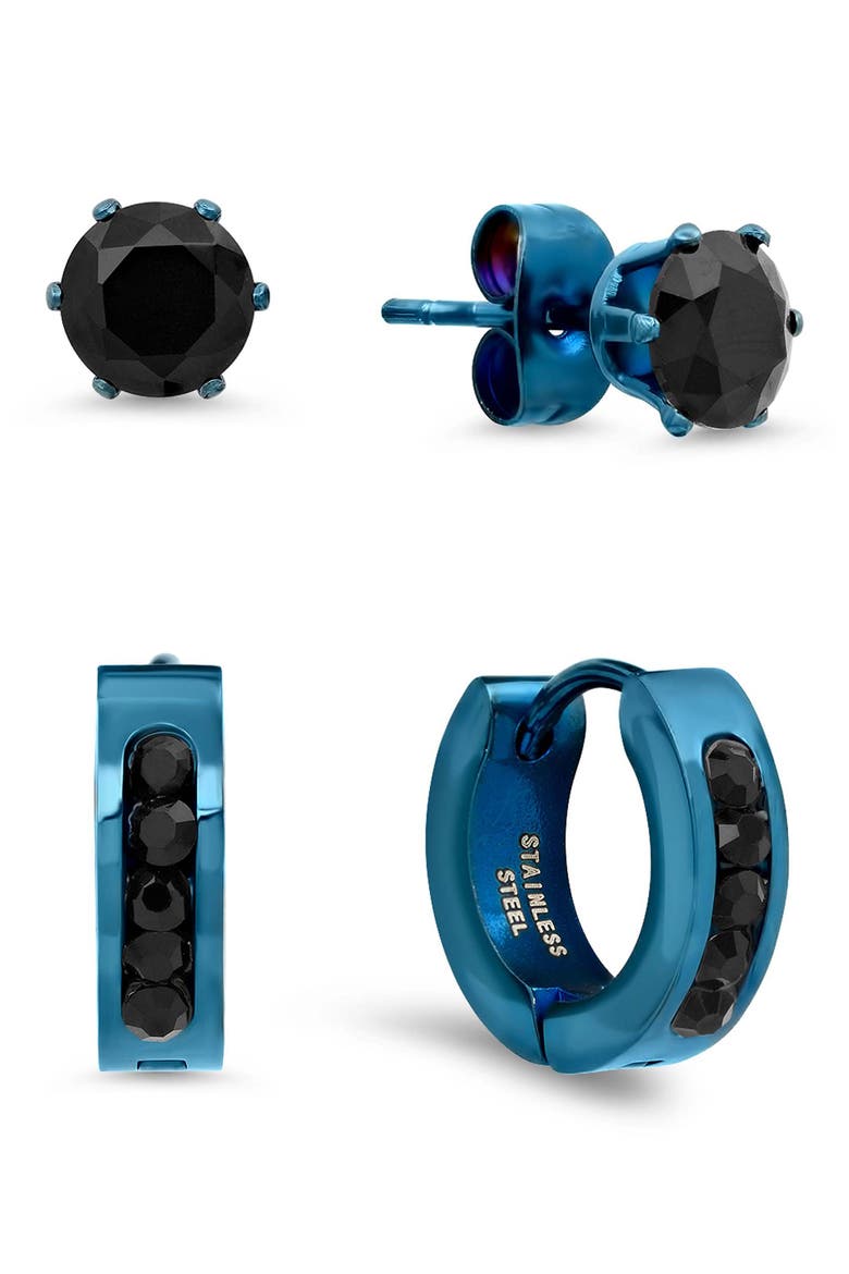 Men's Set of 2 Black Crystal Stud & Huggie Hoop Earrings, Main, color, BLACK/ BLUE