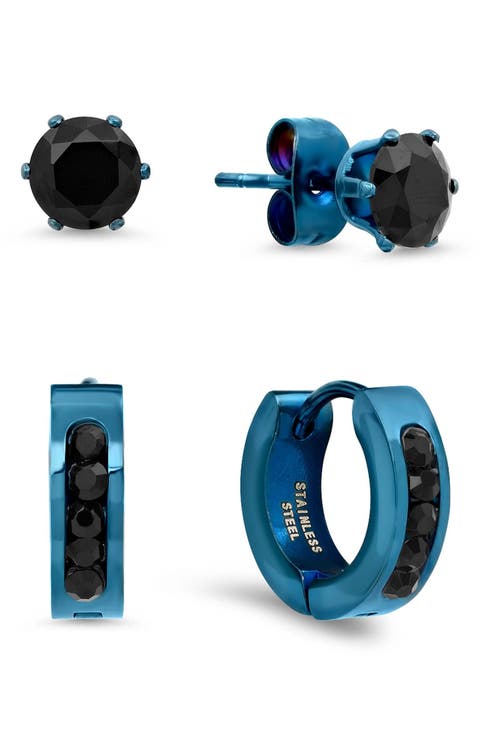 Men's Set of 2 Black Crystal Stud & Huggie Hoop Earrings