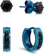 STEELTIME Men's Set of 2 Black Crystal Stud & Huggie Hoop Earrings