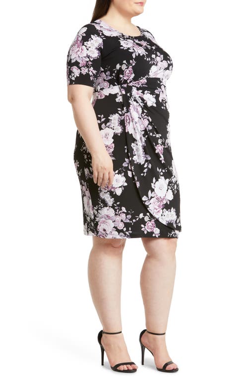 Connected Apparel Floral Faux Wrap Dress In Black