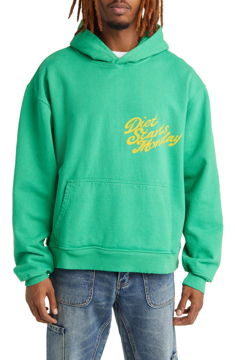 DIET STARTS MONDAY Overlap Script Logo Cotton Graphic Hoodie, Main, color, 