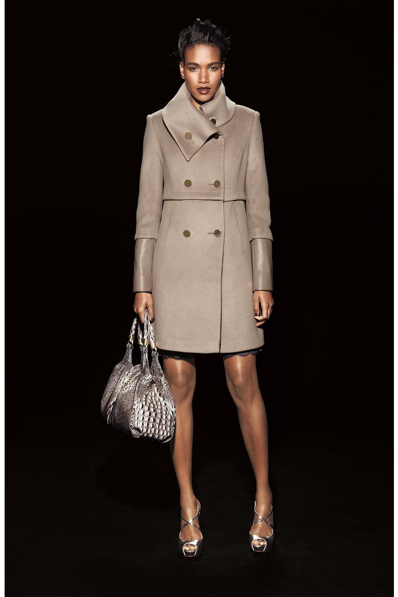 Leather Trim Wool Coat, Alternate, color, OIL/ MINK