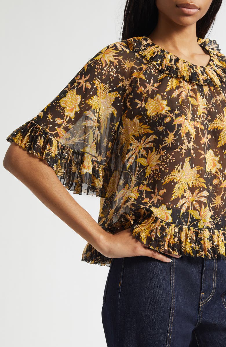 Ulla Johnson Helaine Botanical Print Metallic Flutter Sleeve Silk Blend Top, Alternate, color, Forsythia