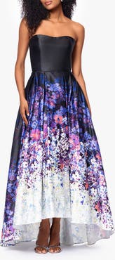 Betsy & Adam Ombré Floral Strapless High Low Ball Gown