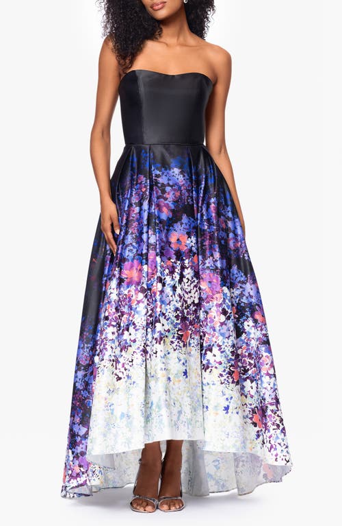 BETSY & ADAM BETSY & ADAM OMBRÉ FLORAL STRAPLESS HIGH LOW BALL GOWN 