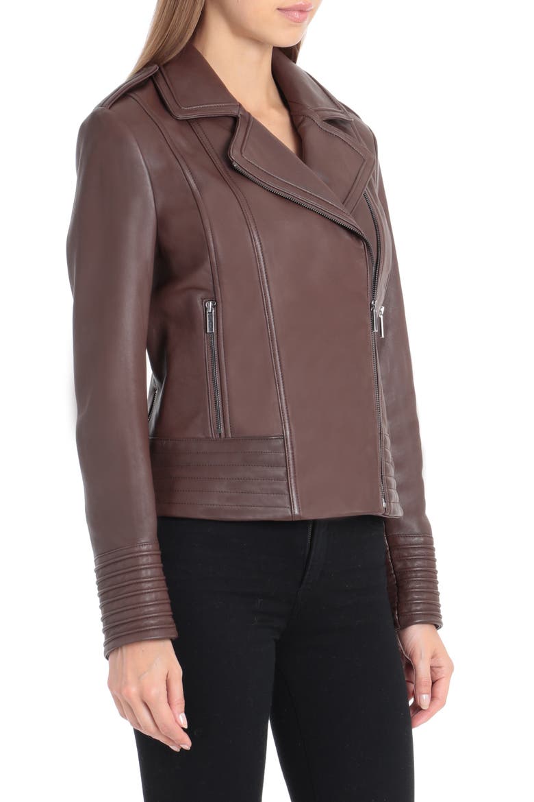 Badgley Mischka Gia Leather Biker Jacket, Alternate, color, CHOCOLATE