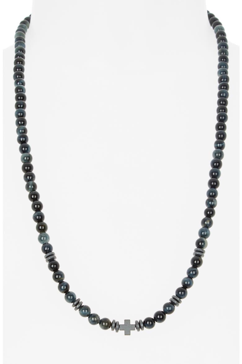 Men's Hematite Cross Beaded Necklace, Alternate, color, BLUE TIGER EYE