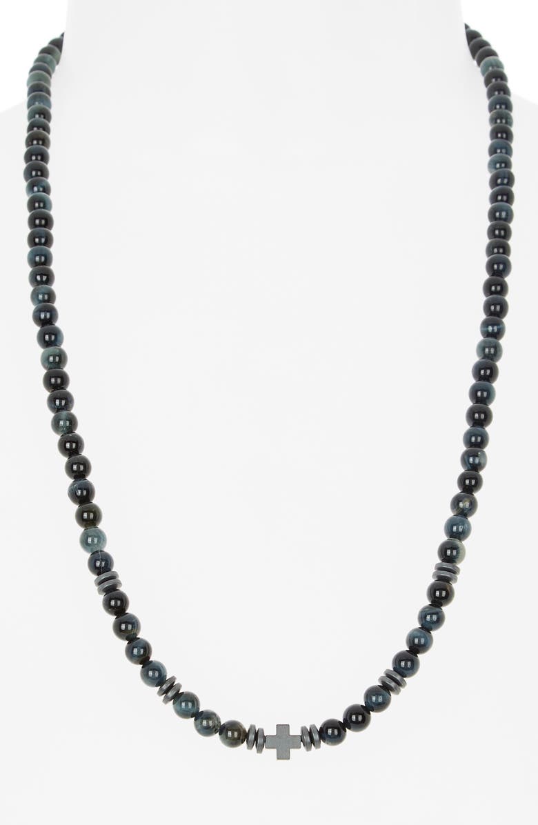 Caputo & Co. Men's Hematite Cross Beaded Necklace, Alternate, color, Blue Tiger Eye