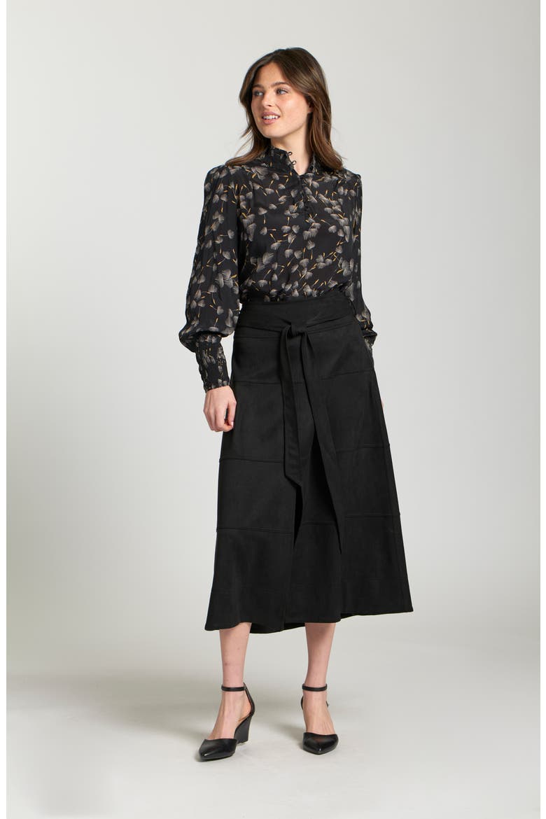 Faux Suede Paneled A-Lined Midi Skirt, Alternate, color, BLACK